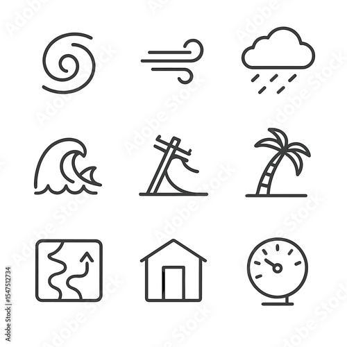 Hurricane and Avalanche Icons. Outline icon set of hurricane storm: spiral hurricane symbol, wind gust arrow, rain cloud, storm