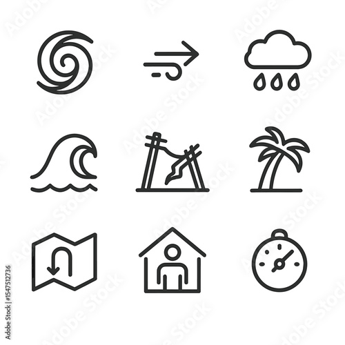Hurricane and Avalanche Icons. Outline icon set of hurricane storm: spiral hurricane symbol, wind gust arrow, rain cloud, storm