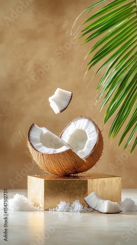 Fresh coconut water on a chrome, golden podium with exquisite detailing.