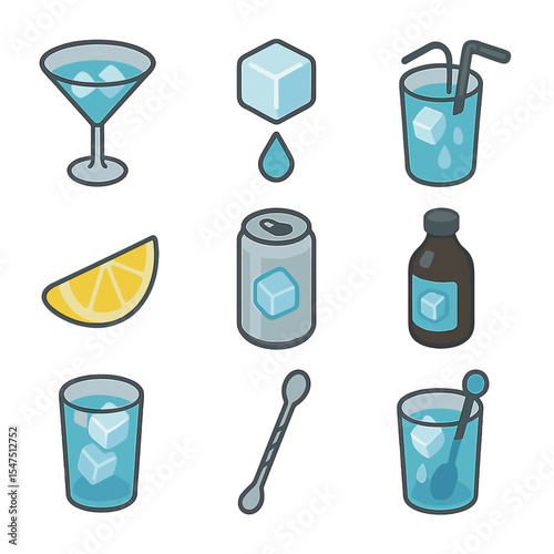 Ice Beverage Icons. Isometric Flat icon set of ice in beverages: cocktail glass, ice cube drop, straw, condensation drip, lemon