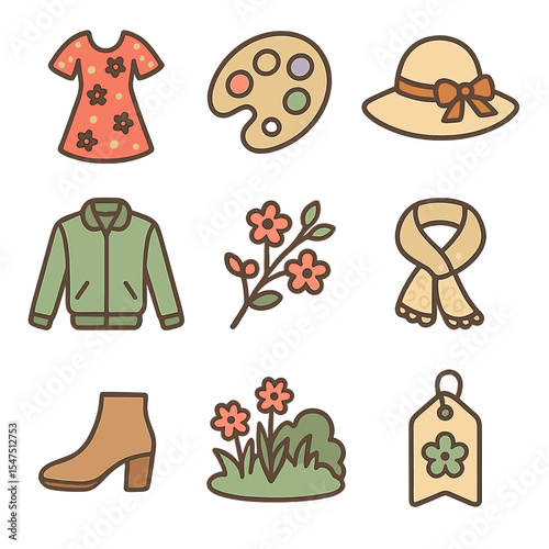 Spring Fashion Icons. Solid, filled icons set of spring fashion displays: floral dress, pastel palette, sun