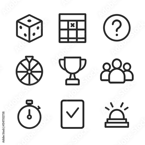 Icebreaker Game Icons. Outline icon set of icebreaker games: dice, bingo card, trivia question mark, spin wheel, prize trophy,