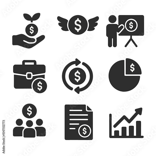 Startup Funding Icons. Solid, filled icons set of startup funding stages: seed money, angel investor, pitch