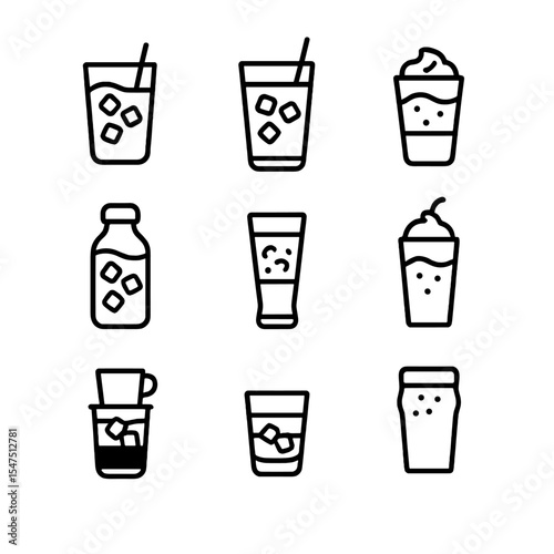 Iced Coffee Icons. Outline icon set of iced coffee drinks: iced americano, iced latte, iced mocha, cold brew, iced macchiato,