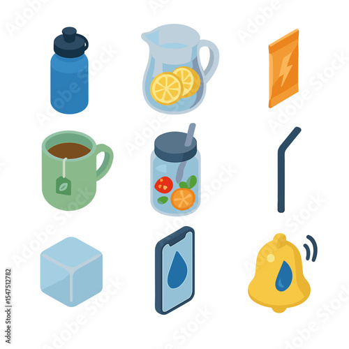 Hydration Icon Set. Isometric Flat icon set of hydration and detox habits: reusable water bottle, lemon-infused pitcher,
