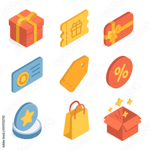 Incentives Icon Grid. Isometric Flat icon set of incentives and rewards: gift box, voucher ticket, gift card, bonus cheque, coupon