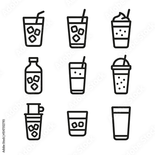 Iced Coffee Icons. Outline icon set of iced coffee drinks: iced americano, iced latte, iced mocha, cold brew, iced macchiato,