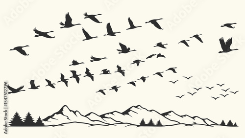 Flock of migrating birds flying in V formation over mountains nature landscape journey freedom travel sky wildlife
