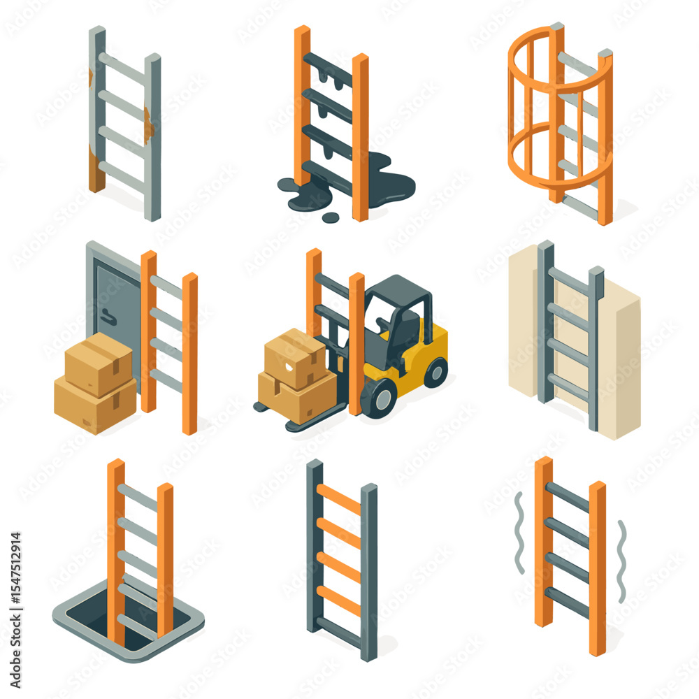 Obraz premium Industrial Ladder Hazards. Isometric Flat icon set of industrial ladder dangers: corroded metal ladder, oil-soaked rungs, missing