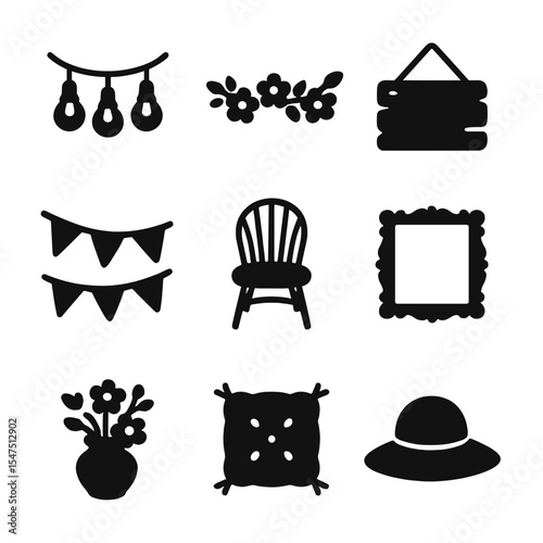 Summer Garden Party Icons. Solid, filled icons set of summer garden party decor: hanging lights, floral