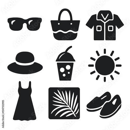 Summer Style Icons. Solid, filled icons set of summer style in boutique windows: sunglasses, beach tote, linen