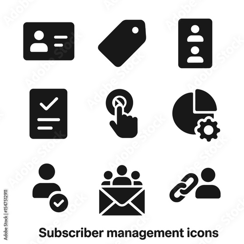 Subscriber Management Icons. Solid, filled icons set of subscriber management: contact card, tag icon,