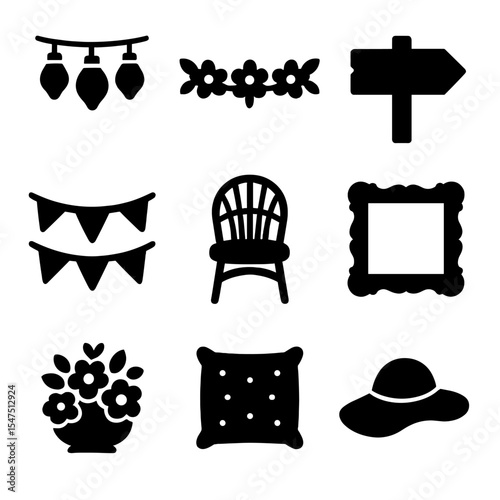 Summer Garden Party Icons. Solid, filled icons set of summer garden party decor: hanging lights, floral