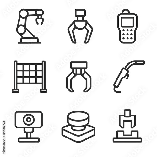 Industrial Robotics Icons. Outline icon set of industrial robotic cells: six-axis robot, end effector, teach pendant, safety fence