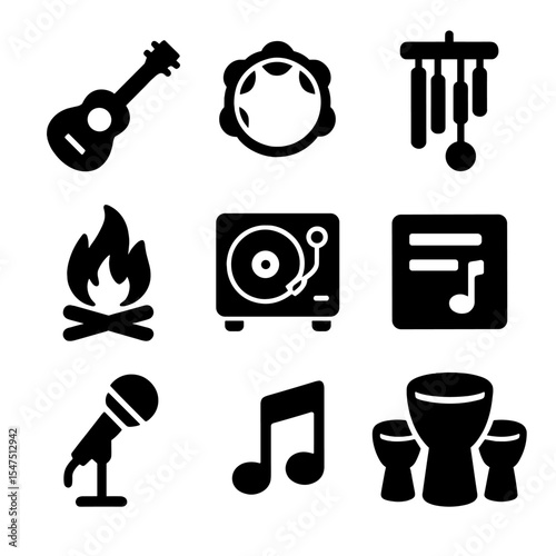 Summer Music Icons. Solid, filled icons set of summer music and vibes: ukulele, tambourine, wind chime,