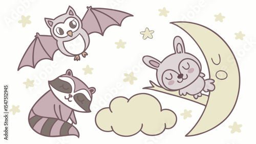 Cute cartoon sleeping animals owl raccoon rabbit on moon stars cloud sweet dreams night kids illustration design.
