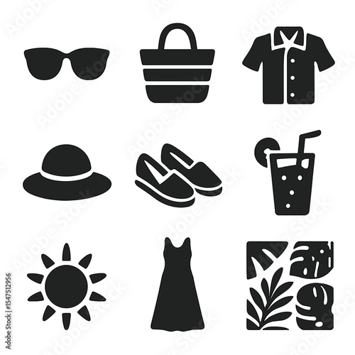 Summer Style Icons. Solid, filled icons set of summer style in boutique windows: sunglasses, beach tote, linen