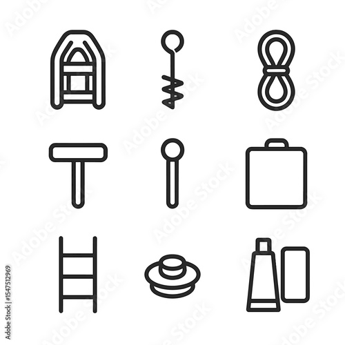 Inflatable Boat Essentials Icons. Outline icon set of inflatable boat anchoring: dinghy, sand screw anchor, pull rope, anchor