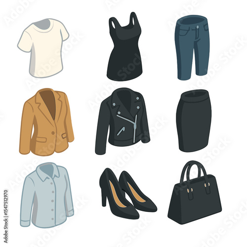 Influencer Wardrobe Icons. Isometric Flat icon set of influencer wardrobe essentials: white tee, little black dress, skinny jeans,