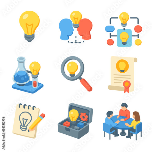 Innovation Icon Set. Isometric Flat icon set of innovation and ideation: lightbulb, brainstorming, mind map, innovation lab,