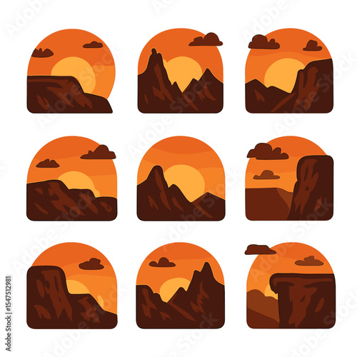 Sunset Icon Set. Solid, filled icons set of sunset over rugged terrain: fading sun, orange sky, jagged peaks,