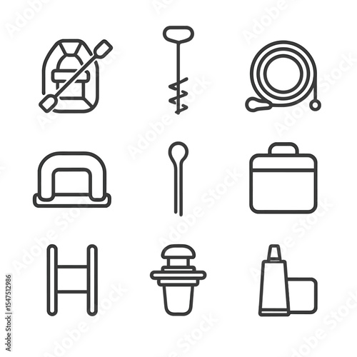 Inflatable Boat Essentials Icons. Outline icon set of inflatable boat anchoring: dinghy, sand screw anchor, pull rope, anchor