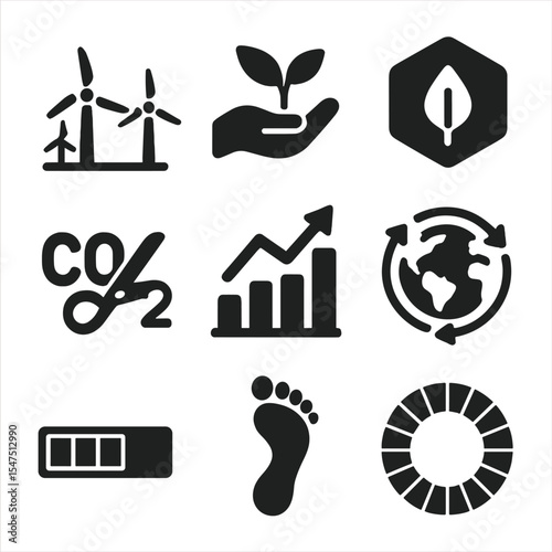 Sustainable Development Icons. Solid, filled icons set of sustainable development visuals: wind field,