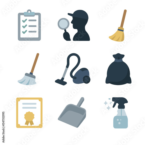 Inspection Cleanup Icons. Isometric Flat icon set of final inspection and cleanup: checklist clipboard, inspector silhouette,