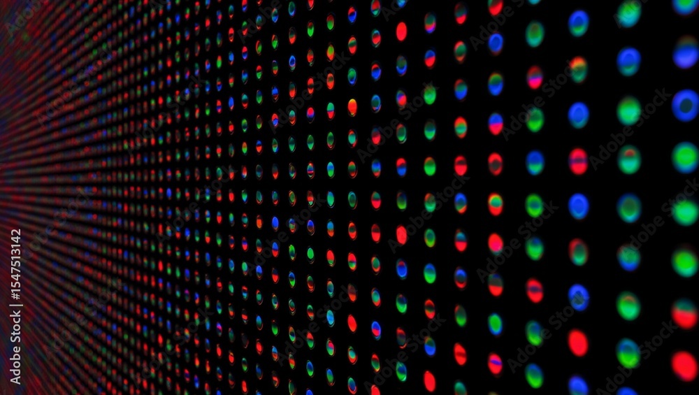 Obraz premium LED, RGB, pixels, display — ultra-closeup image reveals hundreds of luminous dots forming a vibrant, colorful matrix. Perfect geometric spacing and studio lighting highlight macro textures of modern d