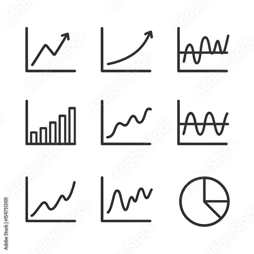 Investment Icons Set. Outline icon set of investment strategies graphs: value investing trend, growth investing line, momentum
