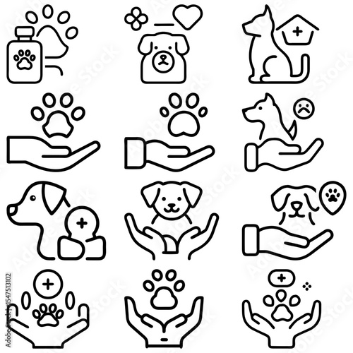 Collection of line art icons depicting dog care, health, and well being with paws and hands design