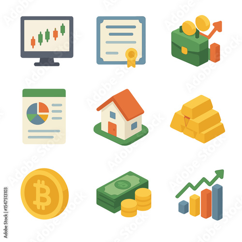 Investment Icon Grid. Isometric Flat icon set of investment allocation: stocks, bonds, mutual funds, ETFs, real estate,