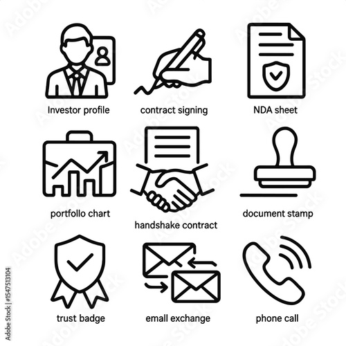 Investor Icon Set. Outline icon set of investor relations: investor profile, contract signing, NDA sheet, document stamp,