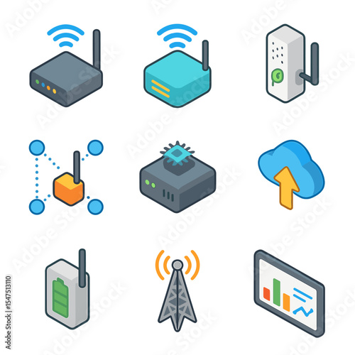 IoT Sensor Icon Set. Isometric Flat icon set of IoT sensor network: gateway node, wireless sensor hub, environmental sensor node,