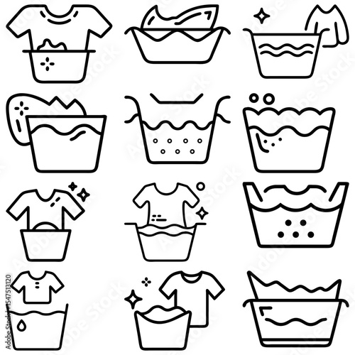 Collection of line art icons depicting hand washing clothes in basins and tubs with water and bubbles