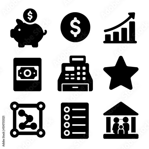 Teaching Kids Money Icons. Solid, filled icons set of teaching kids about money: piggy bank, coin icon, money