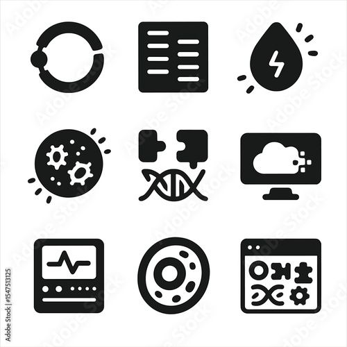 Synthetic Biology Icons. Solid, filled icons set of synthetic biology tools for bioluminescence: plasmid icon,