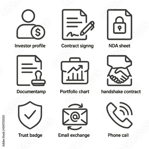 Investor Icon Set. Outline icon set of investor relations: investor profile, contract signing, NDA sheet, document stamp,