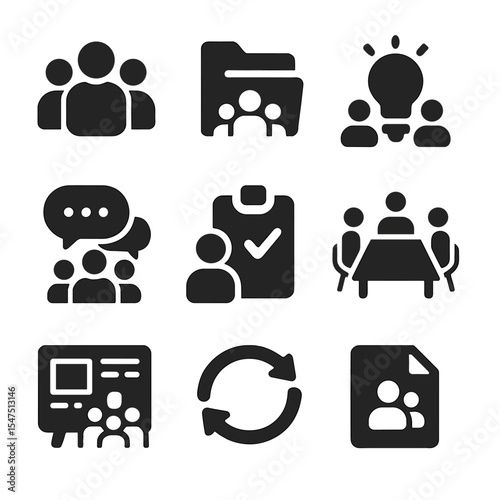 Teamwork Icons Grid. Solid, filled icons set of team collaboration: team icon, shared folder, brainstorming