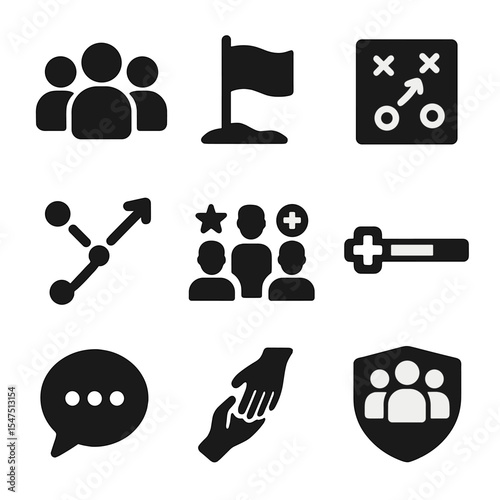 Team Gameplay Icons. Solid, filled icons set of team-based gameplay: squad icon, team flag, strategy map,