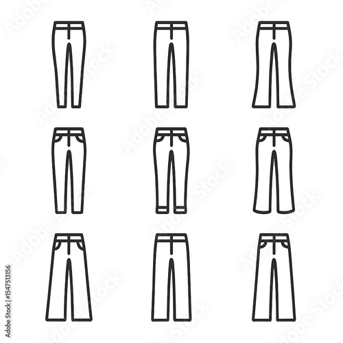 Jean Fit Icons Grid. Outline icon set of jean fit styles: skinny leg, straight leg, bootcut silhouette, flare opening, boyfriend