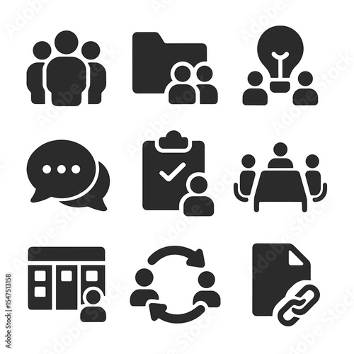 Teamwork Icons Grid. Solid, filled icons set of team collaboration: team icon, shared folder, brainstorming