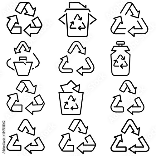 Collection of recycling symbols and containers with arrows in a variety of arrangements and styles