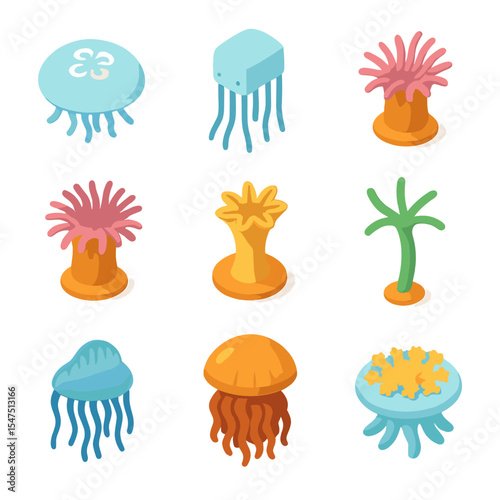 Jellyfish Icon Set. Isometric Flat icon set of jellyfish and cnidarians: moon jellyfish, box jellyfish, Portuguese man o’ war, sea