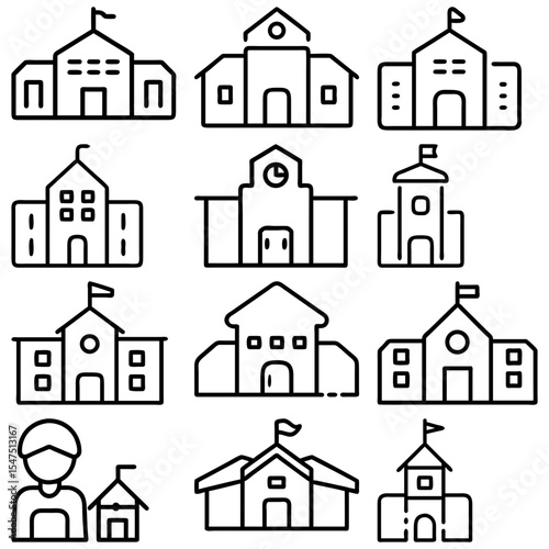 Collection of school building icons with various architectural styles and design elements in outline format