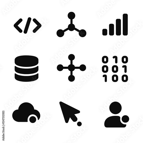 Tech Icon Grid. Solid, filled icons set of tech and computing dot icons: code dot, network ping, signal dot,