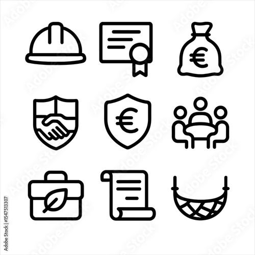 Just Transition Icons. Outline icon set of just transition support: worker hard hat, retraining certificate, social fund bag,
