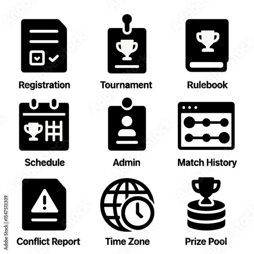 Tournament Logistics Icons. Solid, filled icons set of tournament logistics: registration form, tournament ID,