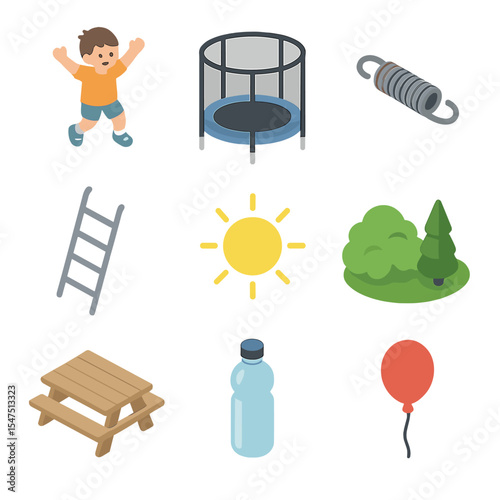 Kids Trampoline Icons. Isometric Flat icon set of kids bouncing on backyard trampoline: child jumping, safety enclosure,