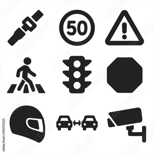 Traffic Safety Icons. Solid, filled icons set of road safety and traffic accident prevention: seatbelt icon,